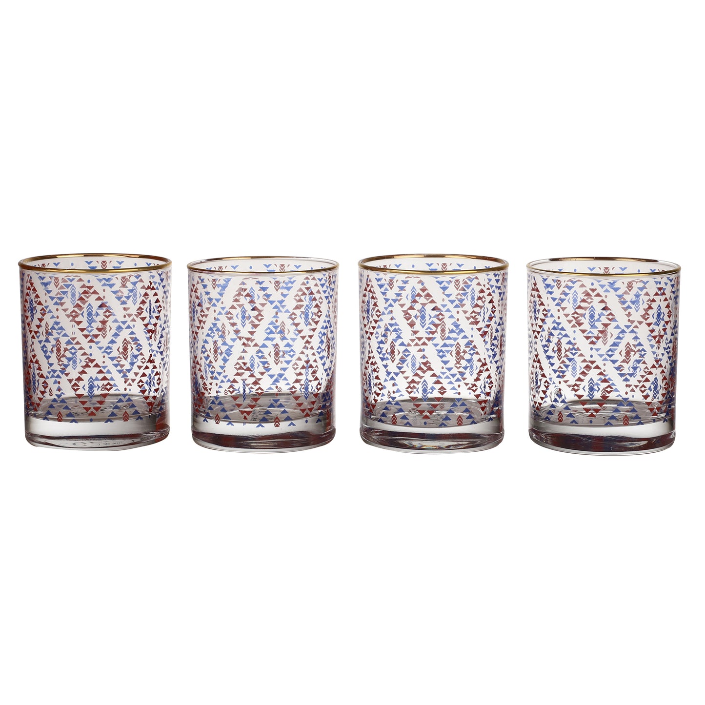 Ikkat Drinking Glasses – Set of 4 (300 ml, Gold Line Finish)