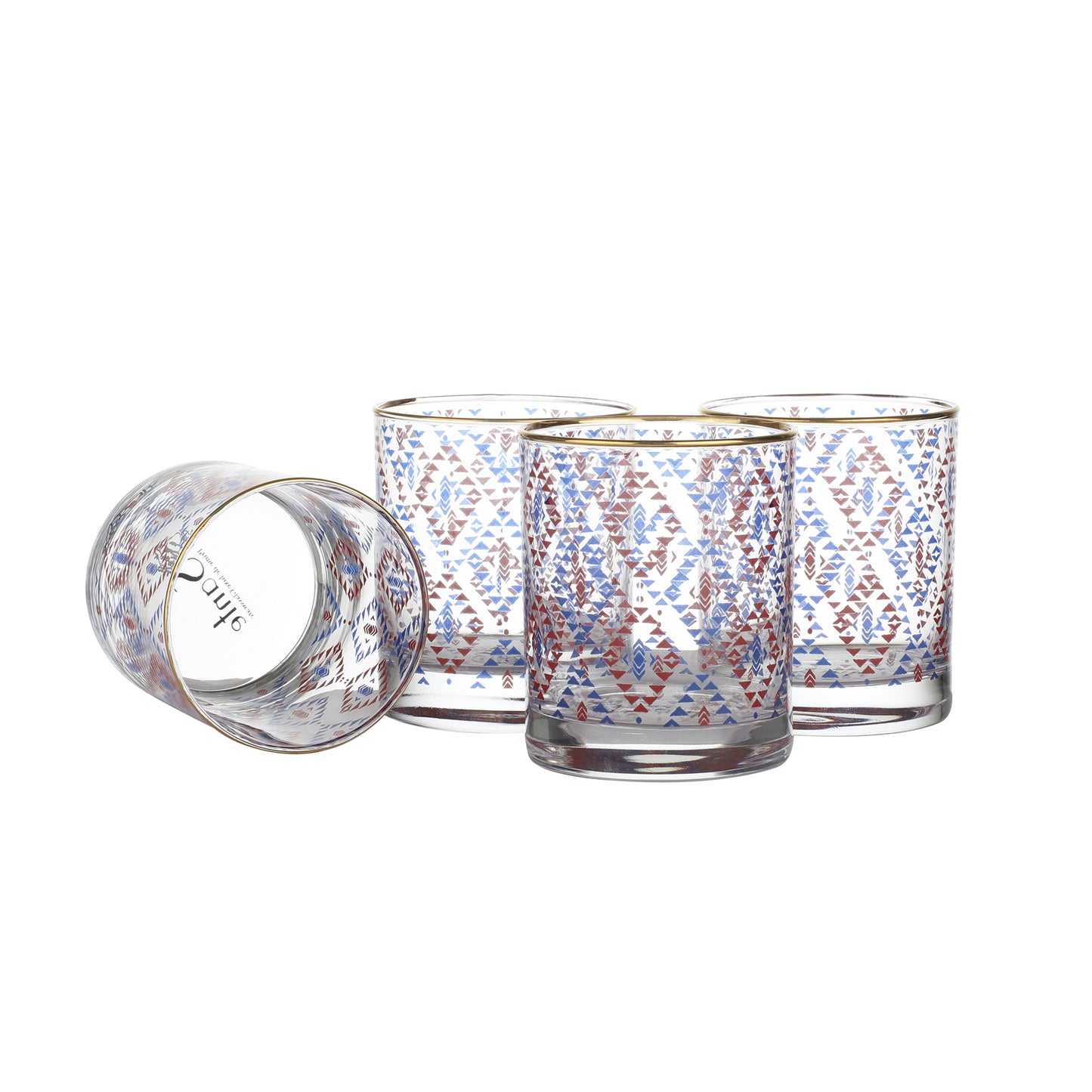 Ikkat Drinking Glasses – Set of 4 (300 ml, Gold Line Finish)