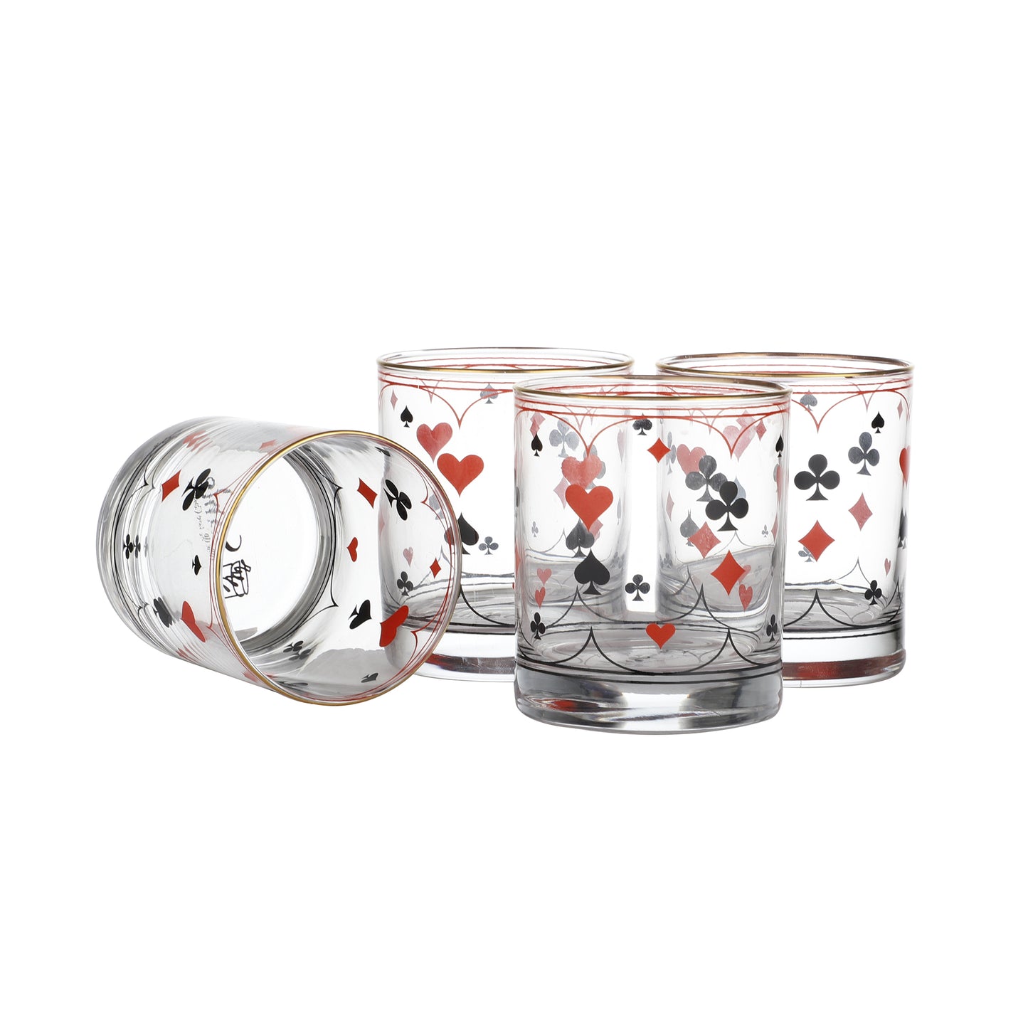 Poker Card Drinking Glasses – Set of 4 (300 ml, Gold Line Finish)