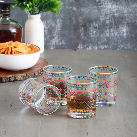 Aztec Drinking Glasses – Set of 4 (300 ml, Gold Line Finish)