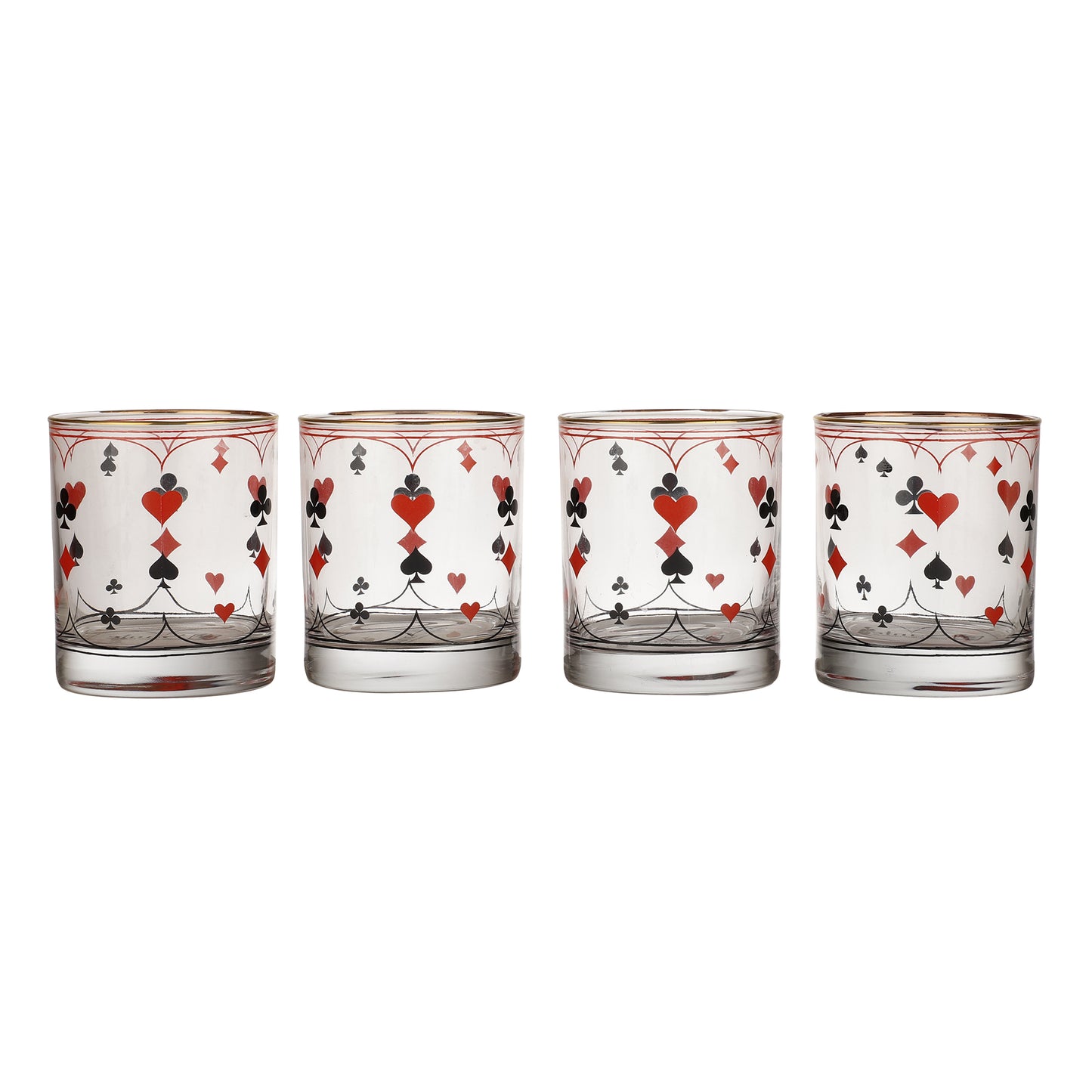 Poker Card Drinking Glasses – Set of 4 (300 ml, Gold Line Finish)