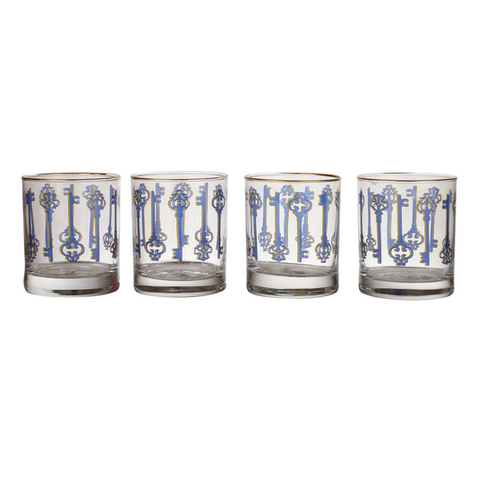 Blue Key Drinking Glasses – Set of 4 (300 ml, Gold Line Finish)