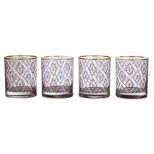 Ikkat Drinking Glasses – Set of 4 (300 ml, Gold Line Finish)