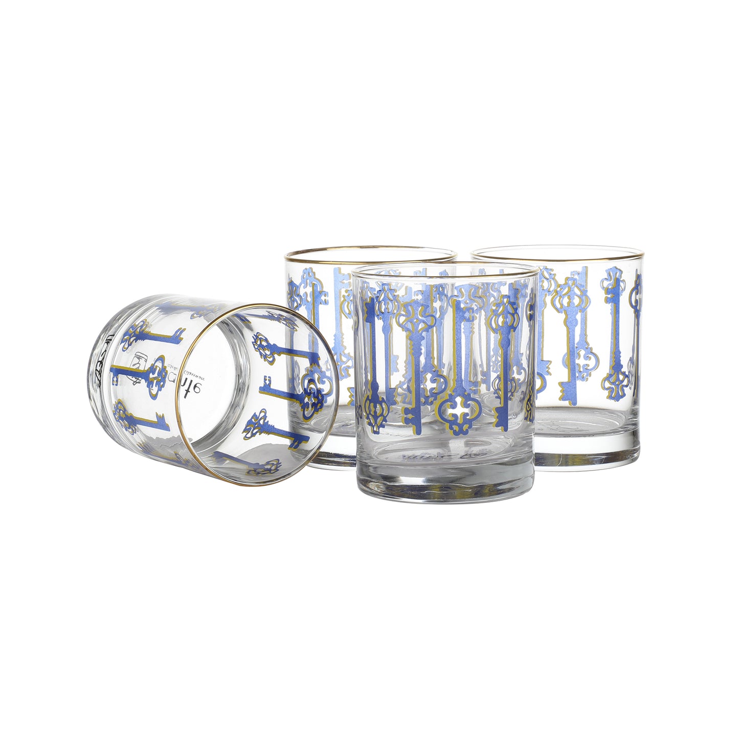Blue Key Drinking Glasses – Set of 4 (300 ml, Gold Line Finish)