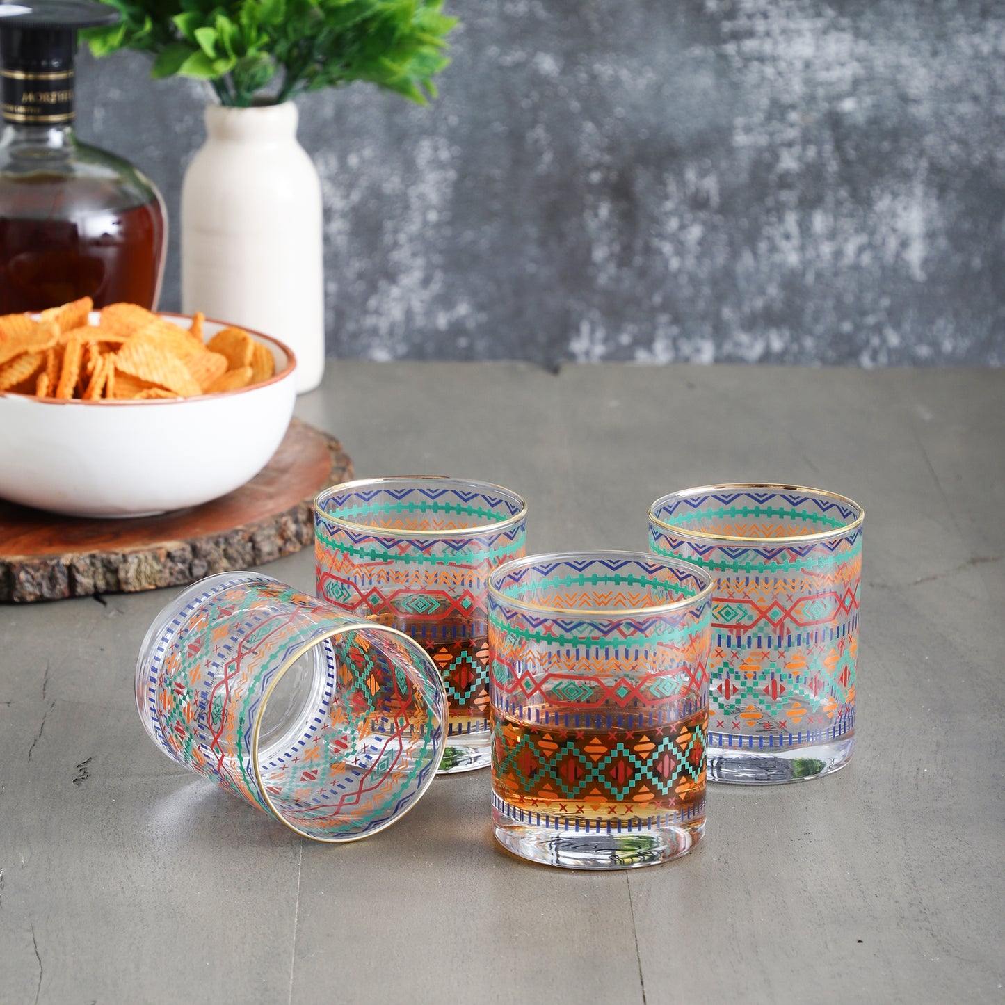 Aztec Drinking Glasses – Set of 4 (300 ml, Gold Line Finish)