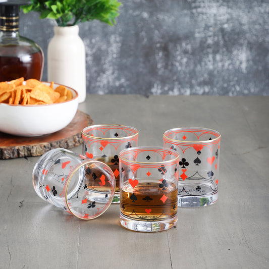 Poker Card Drinking Glasses – Set of 4 (300 ml, Gold Line Finish)