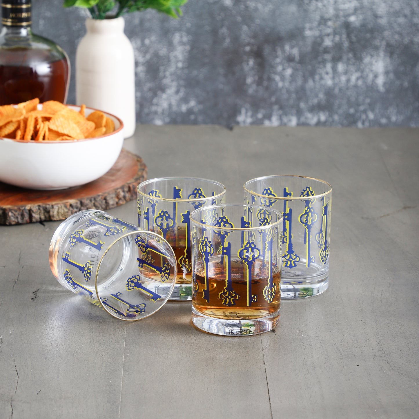 Blue Key Drinking Glasses – Set of 4 (300 ml, Gold Line Finish)