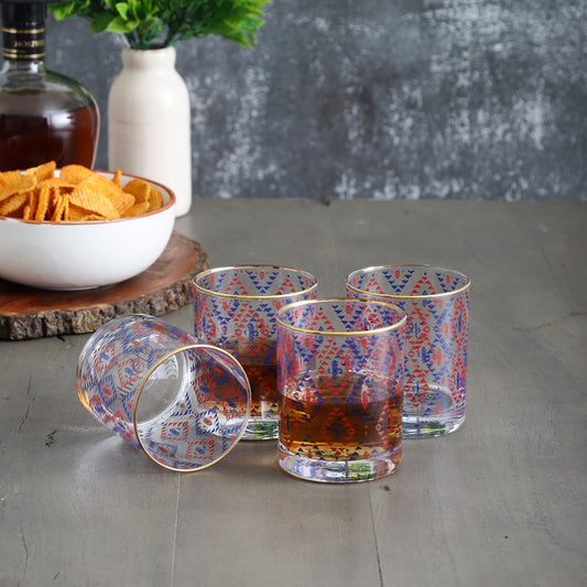 Ikkat Drinking Glasses – Set of 4 (300 ml, Gold Line Finish)